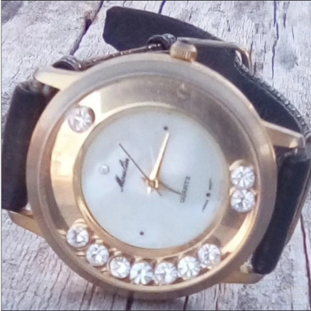 Vintage Gold-Tone Rhinestone Quartz Watch w/ Black Leather Band